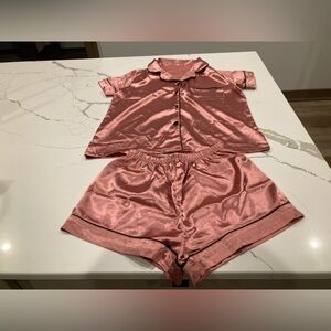 Women SHEIN faux satin pink black button up short sleeve shirt boxer short pjs s
